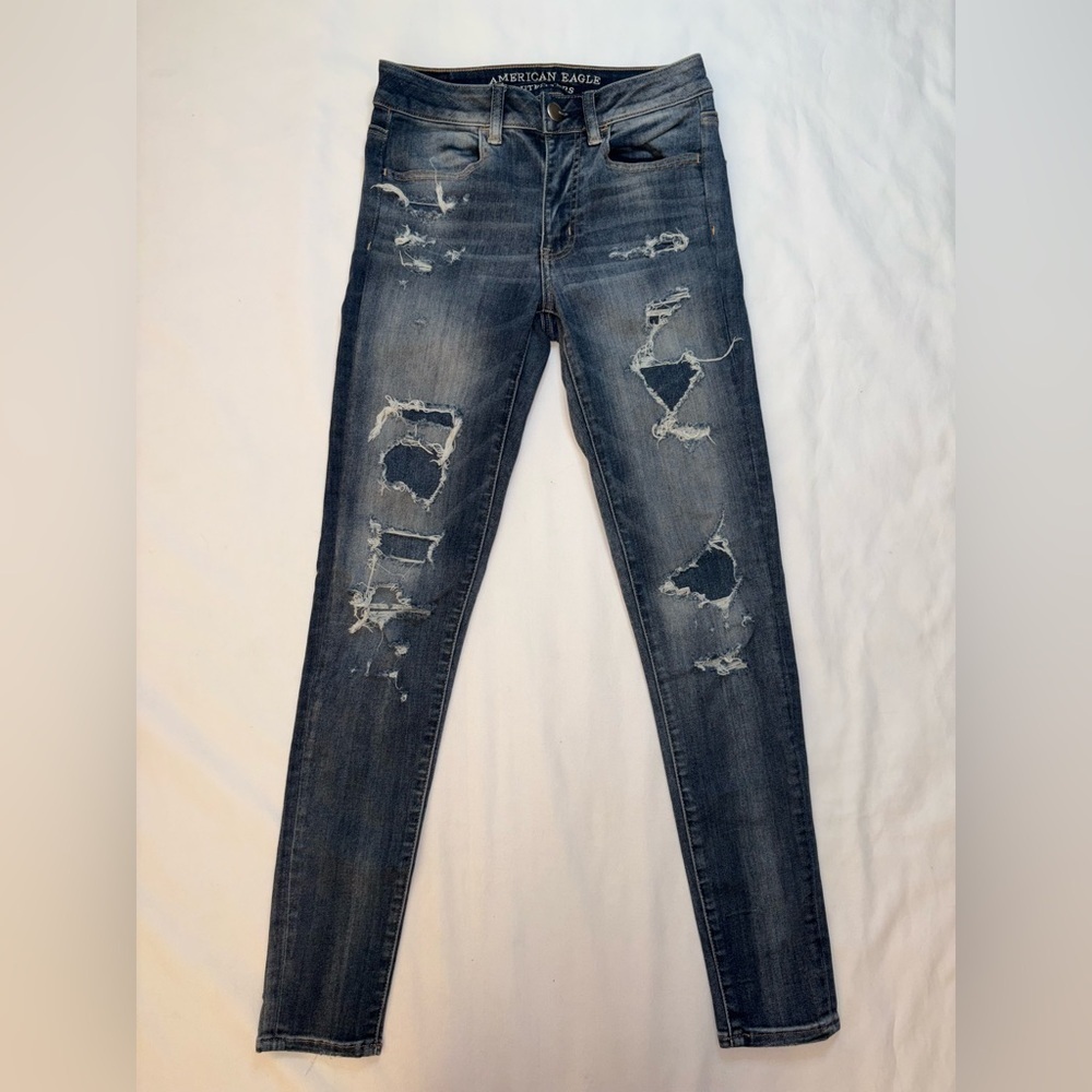 American Eagle Size 2 Dark Wash Distressed Hi Rise Skinny Jegging Jeans